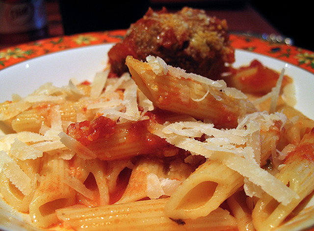 Homemade Pasta Sauce on Penne with Meatballs