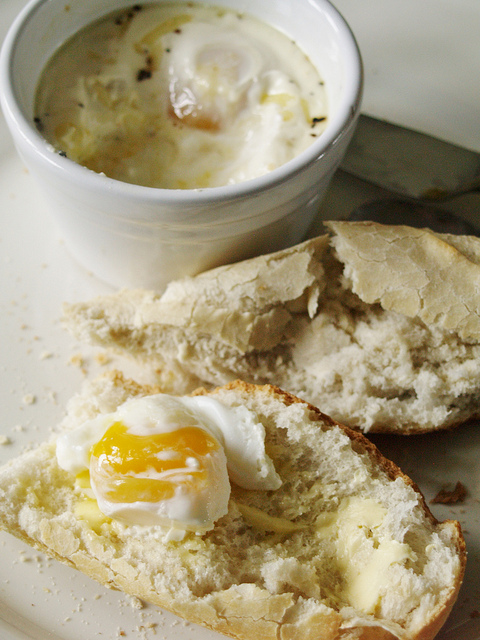 Coddled eggs on homemade bread