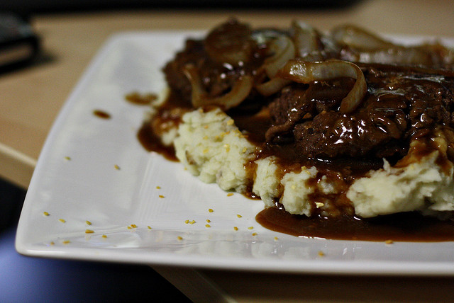Brown gravy on mashed potatoes and stuff